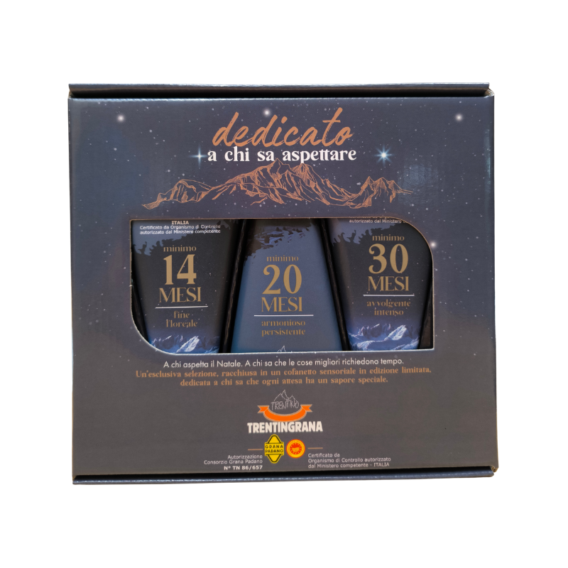 Tris di spicchi da 250 g di Trentingrana nelle stagionature 14, 20 e 30 mesi - edizione limitata di Natale